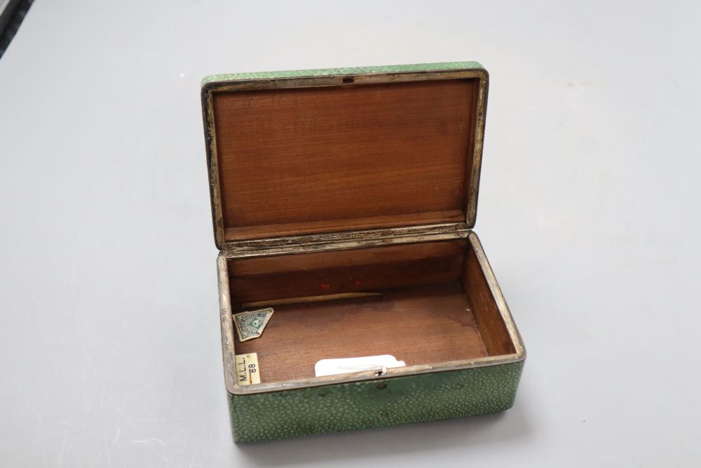 An early 20th shagreen and silver mounted cigarette box, width 15cm